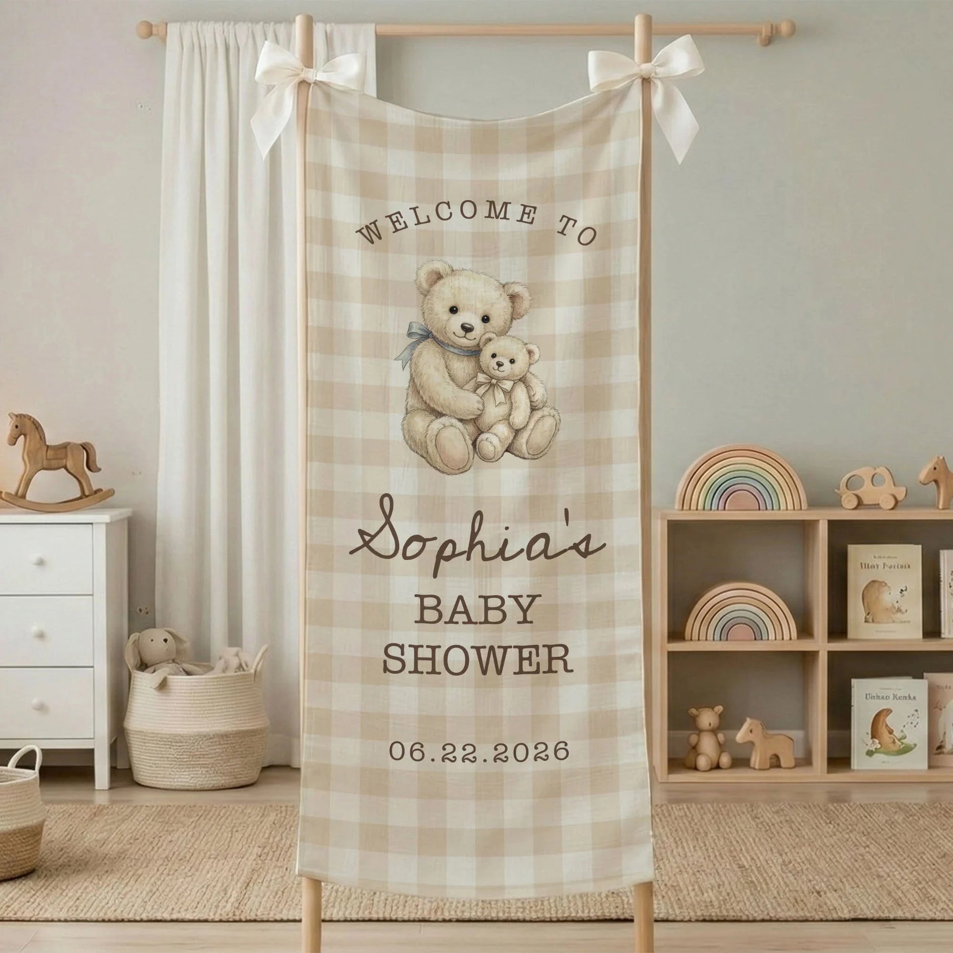 Teddy Bear Baby Shower Banner Personalized Baby Shower Tapestry Custom Name Neutral Baby Shower Backdrop, baby shower decor