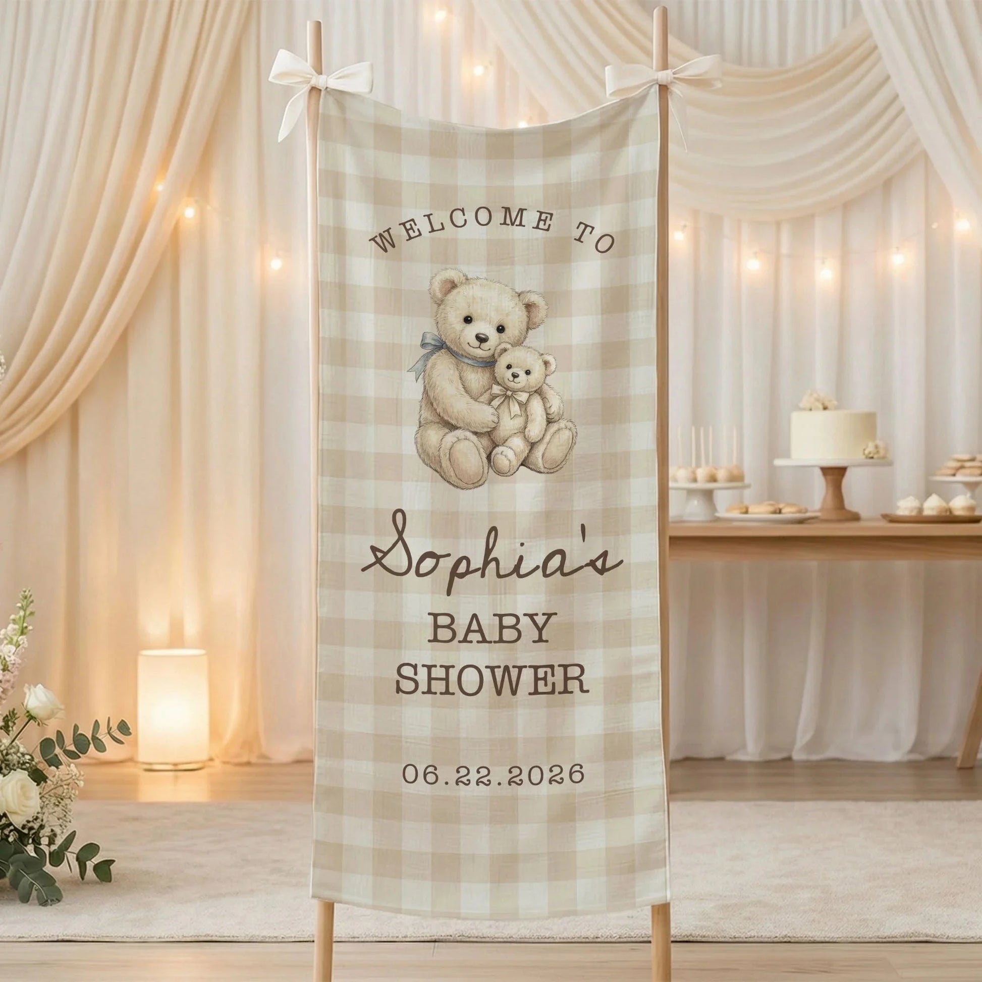 Teddy Bear Baby Shower Banner Personalized Baby Shower Tapestry Custom Name Neutral Baby Shower Backdrop, baby shower decor