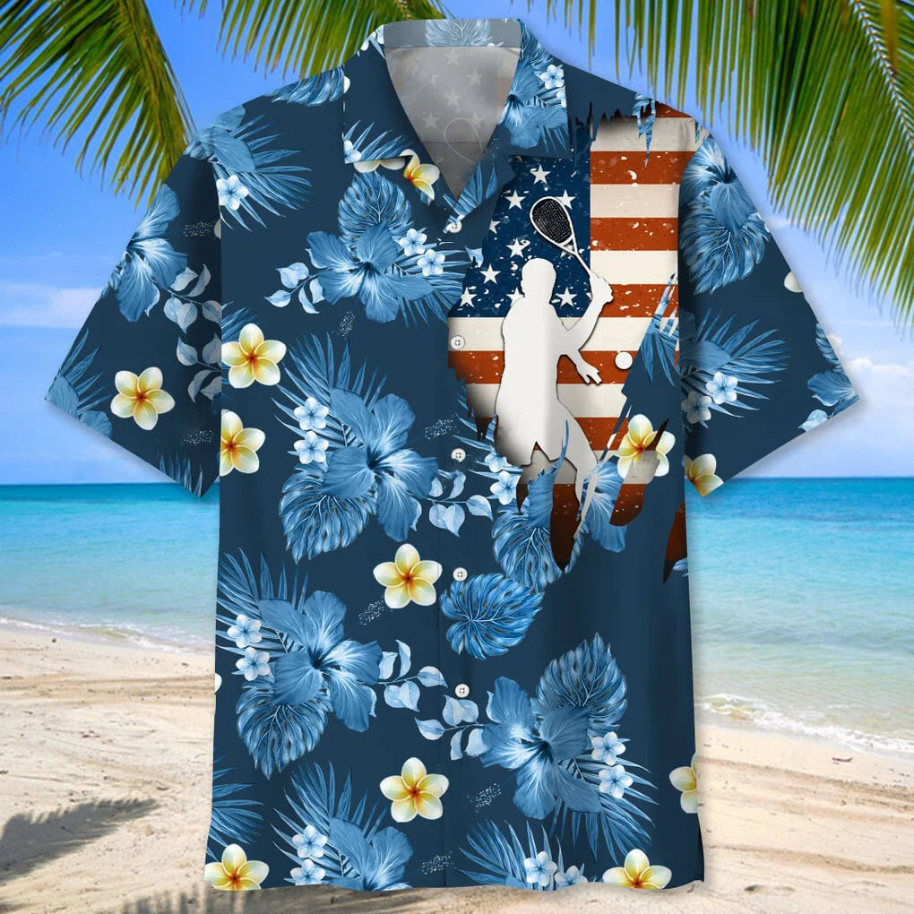 Tennis Usa Blue Tropical Hawaiian Shirt, patriotic gift for 4th of July