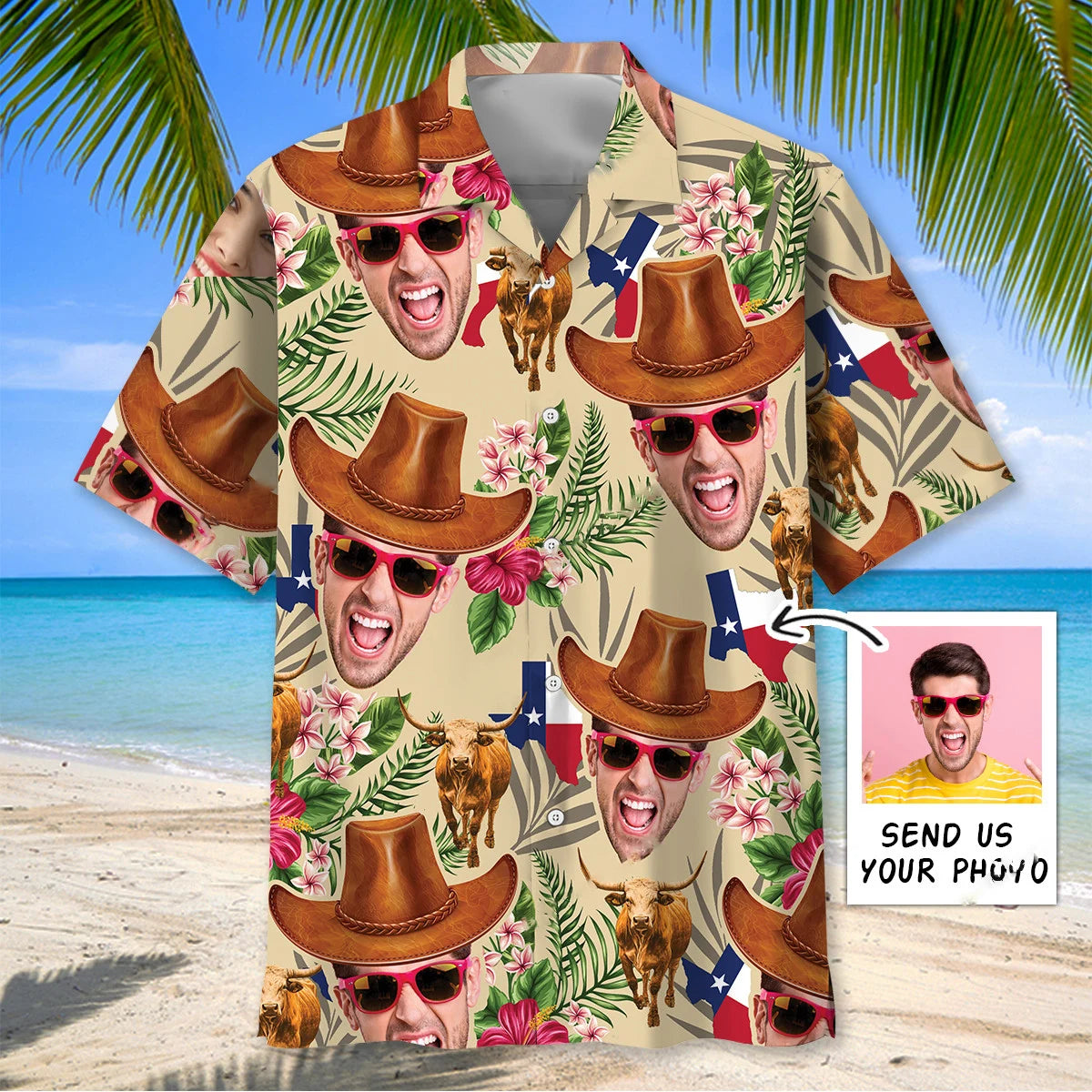 Texas Cowboy Custom Face Hawaiian Shirt, custom shirt gift for men