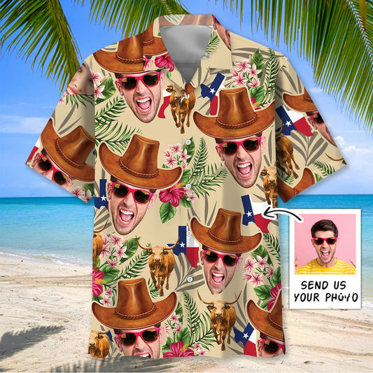 Texas Cowboy Custom Face Hawaiian Shirt, custom shirt gift for men