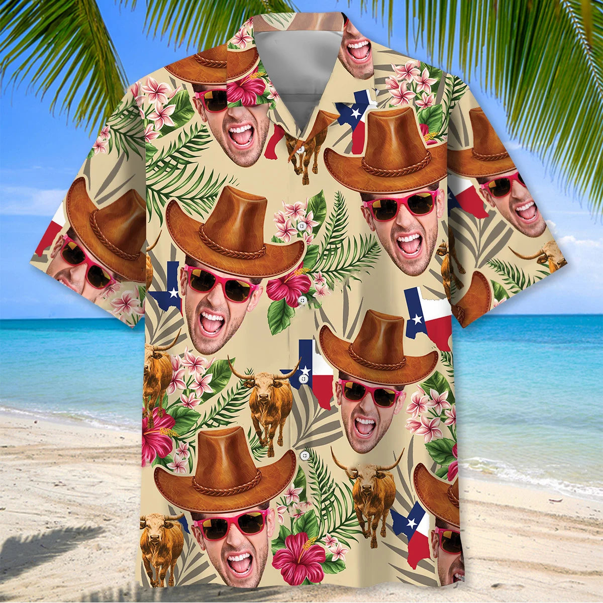 Texas Cowboy Custom Face Hawaiian Shirt, custom shirt gift for men (view 2)