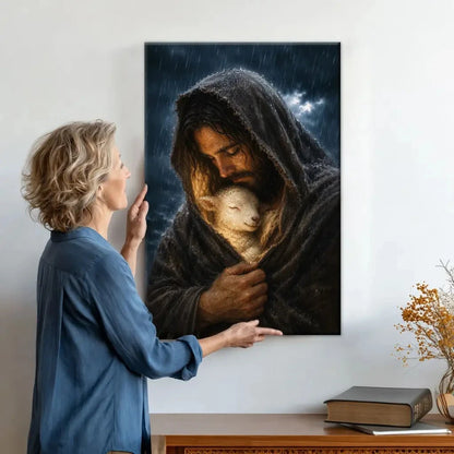 the good shepherd shelters his lamb in the rain luke 15 christian wall art canvas (view 2)