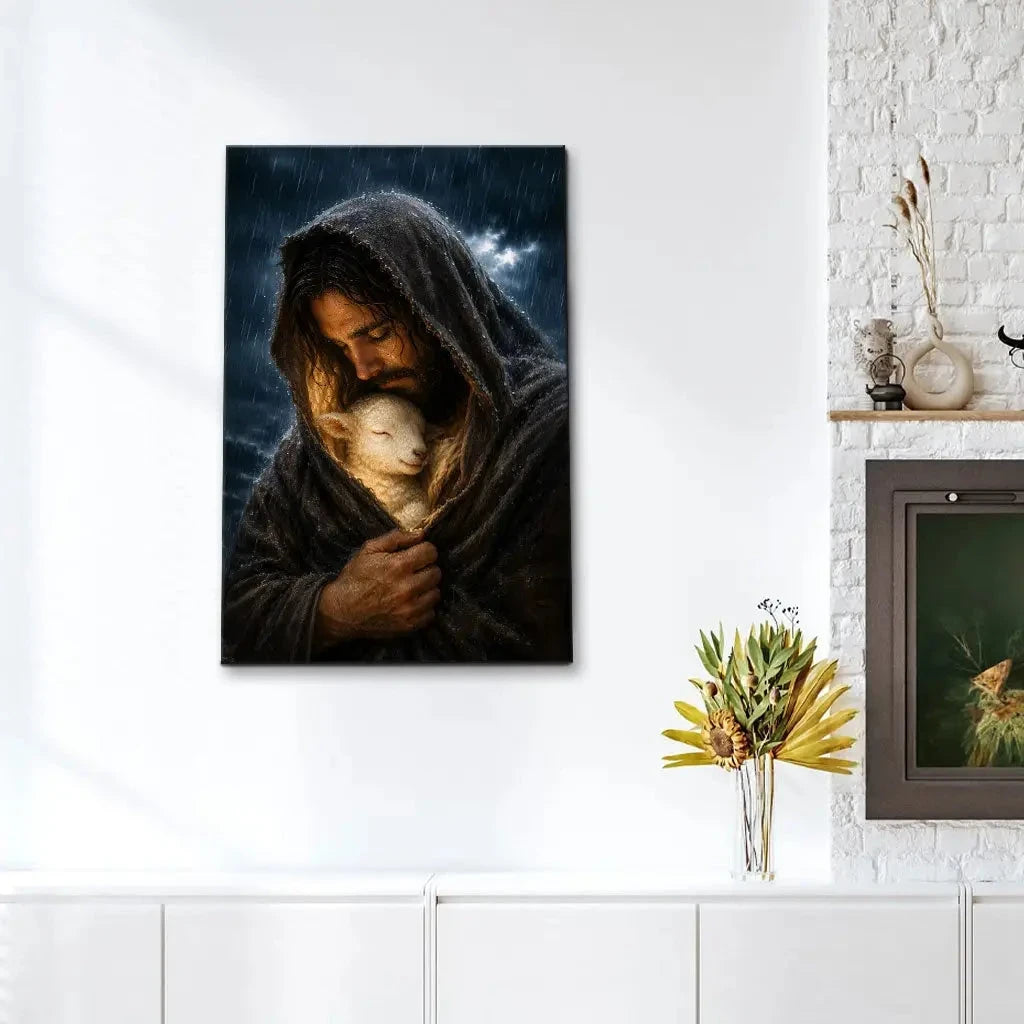 the good shepherd shelters his lamb in the rain luke 15 christian wall art canvas (view 3)