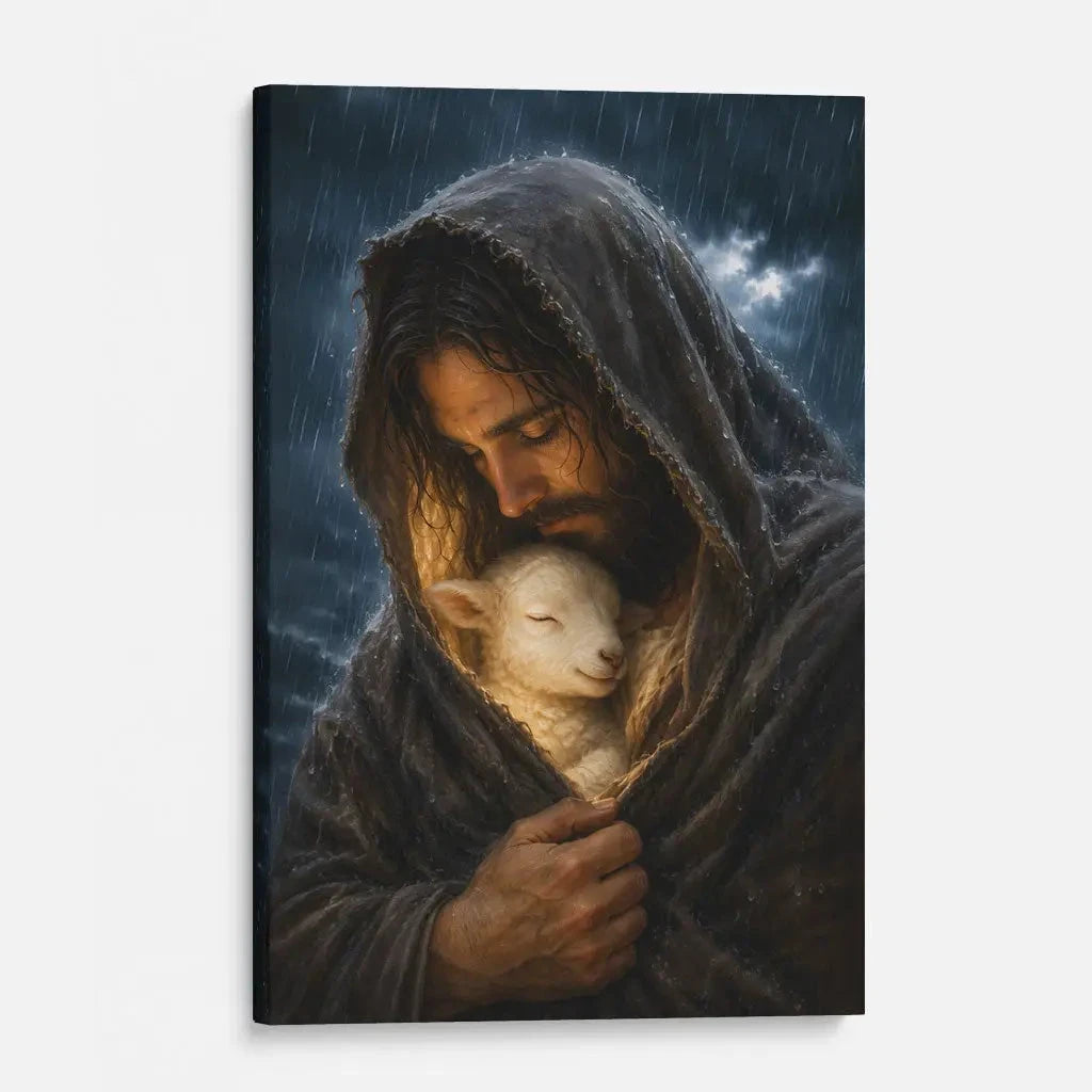 the good shepherd shelters his lamb in the rain luke 15 christian wall art canvas (view 4)