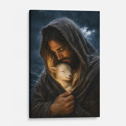 the good shepherd shelters his lamb in the rain luke 15 christian wall art canvas (view 4)