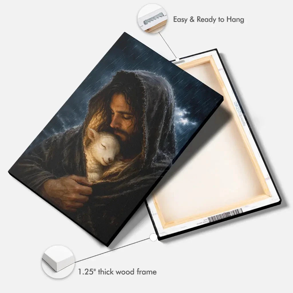 the good shepherd shelters his lamb in the rain luke 15 christian wall art canvas (view 5)