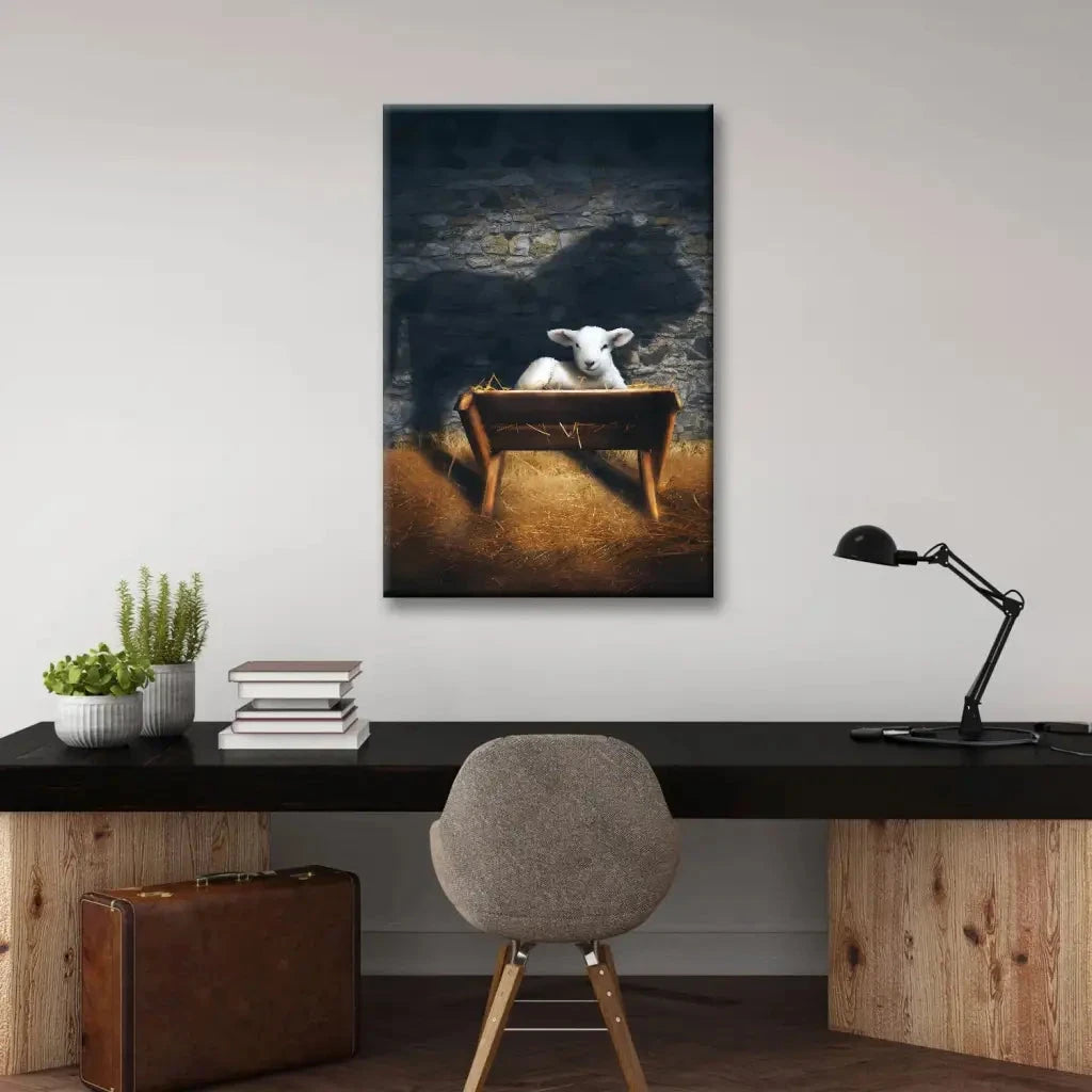 the lamb of god in the manger lion and lamb nativity scene christian wall art canvas (view 6)