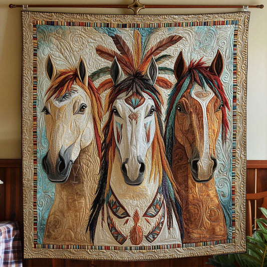 Three Native Horse Quilt Blanket