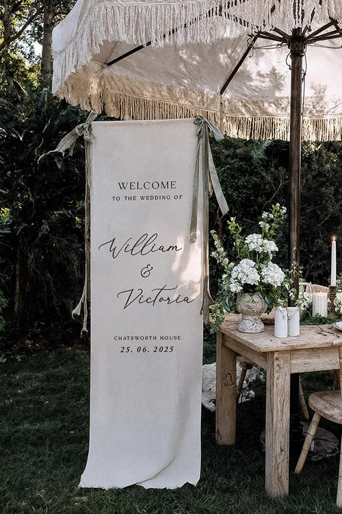 Minimalist Wedding Banner Personalized Couple Names Linen Welcome Sign Ceremony Decor
