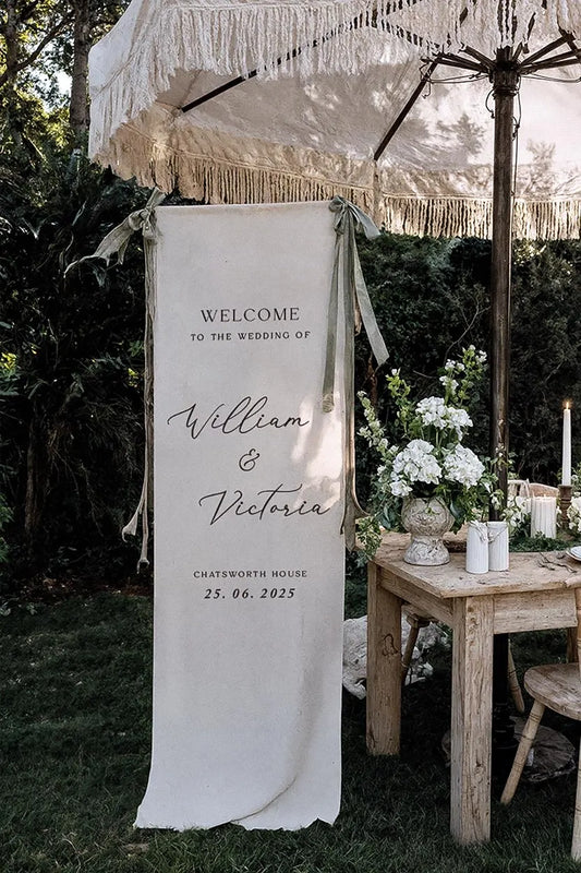 Minimalist Wedding Banner Personalized Couple Names Linen Welcome Sign Ceremony Decor
