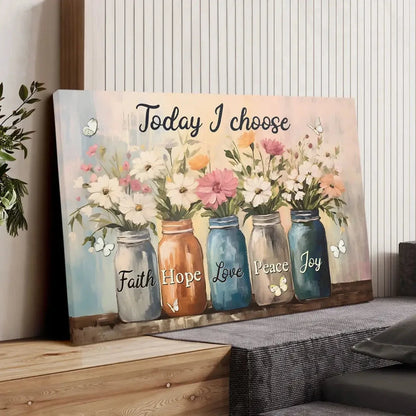 today i choose faith hope love peace joy mason jar flowers wall art canvas (Landscape)
