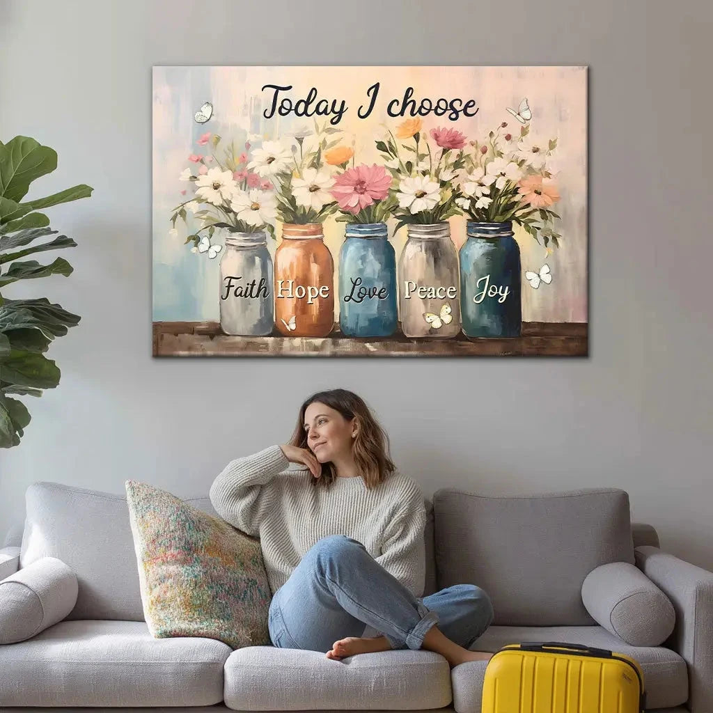 today i choose faith hope love peace joy mason jar flowers wall art canvas (Landscape) (view 4)