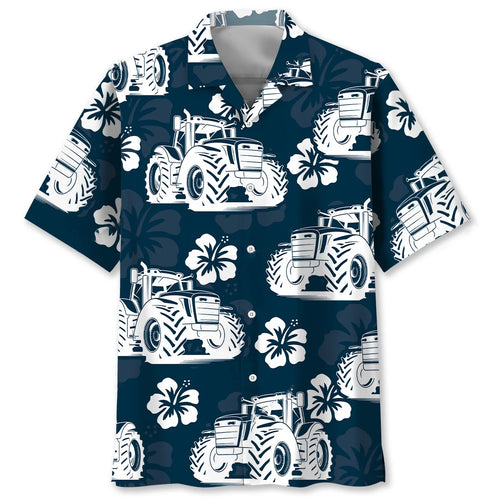Tractor Hibiscus Blue Hawaiian Shirt, custom shirt gift for men