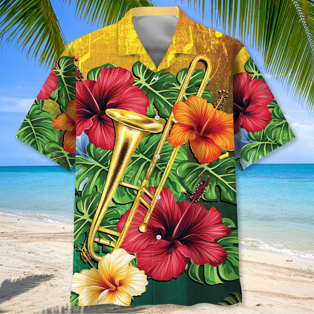 Trombone Hibiscus Tropical Hawaiian Shirt, custom shirt gift for men (view 2)