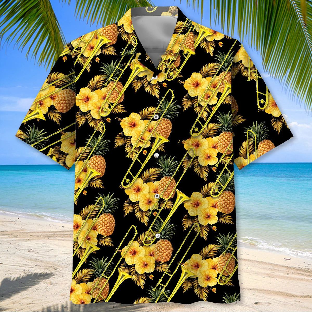 Trombone Yellow Tropical Hawaiian Shirt, custom shirt gift for men (view 2)
