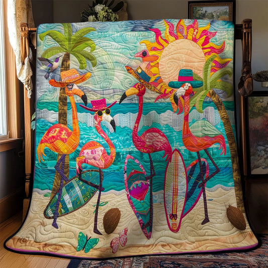 Tropical Flamingo Sunset Quilt Blanket