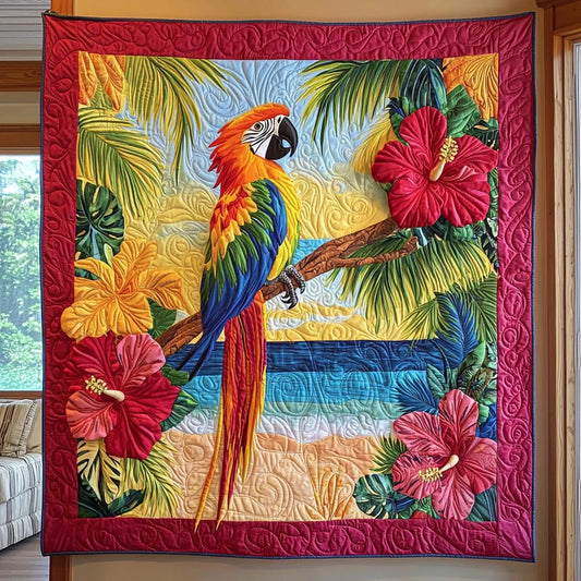 Tropical Scarlet Macaw Parrot Quilt Blanket