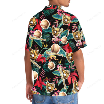 Tropical Flowers with Baseball Gloves Hawaiian Shirt, custom shirt gift for men (view 2)