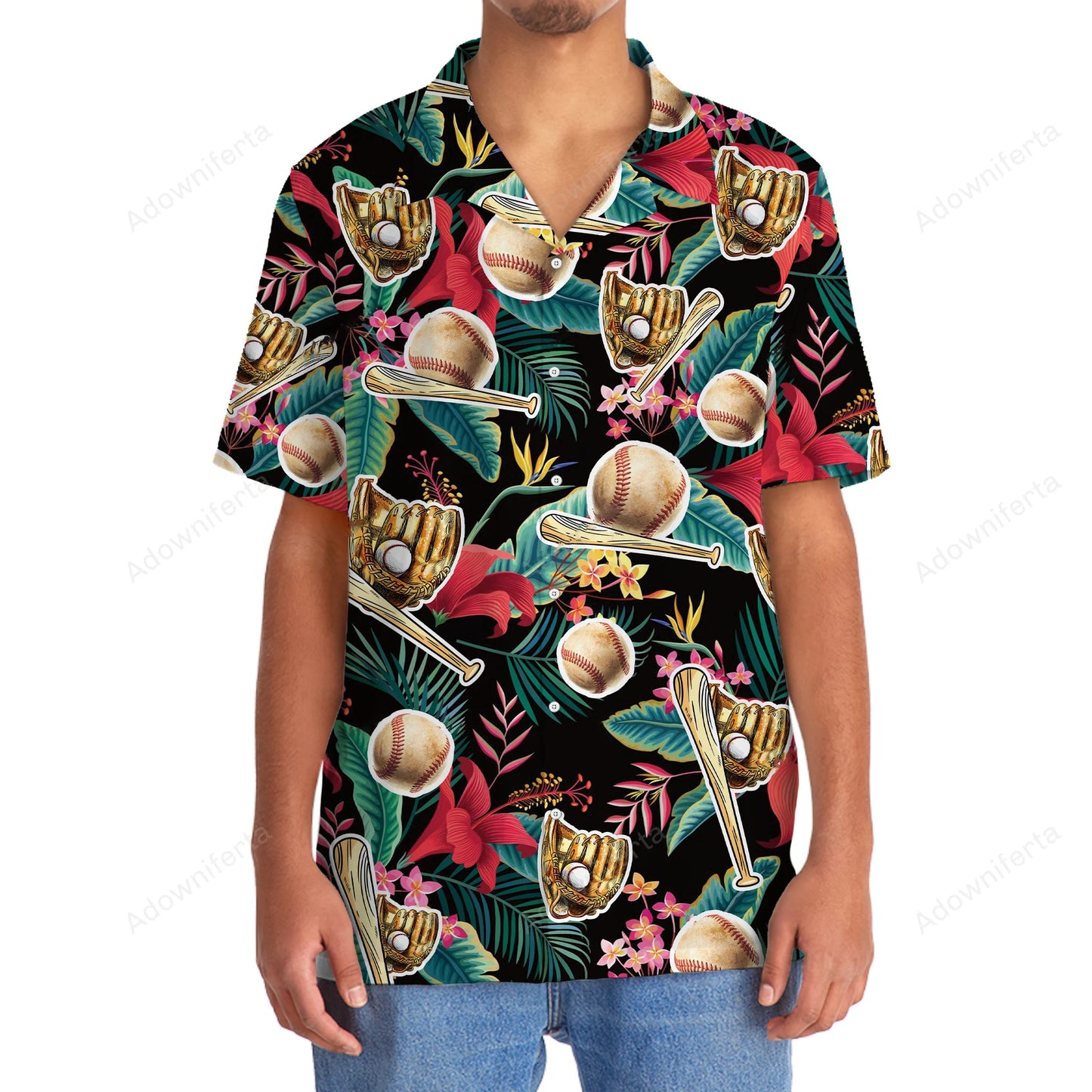 Tropical Flowers with Baseball Gloves Hawaiian Shirt, custom shirt gift for men (view 3)