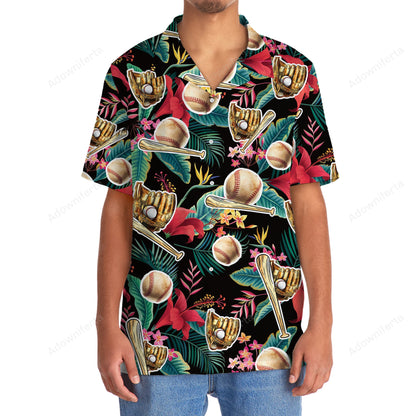 Tropical Flowers with Baseball Gloves Hawaiian Shirt, custom shirt gift for men (view 3)