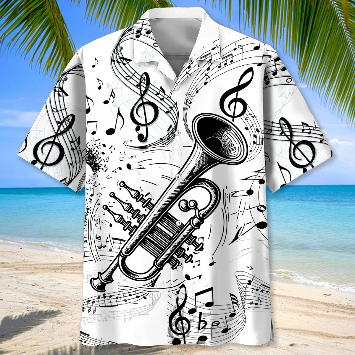 Trumpet Black and White Hawaiian Shirt, custom shirt gift for men (view 2)