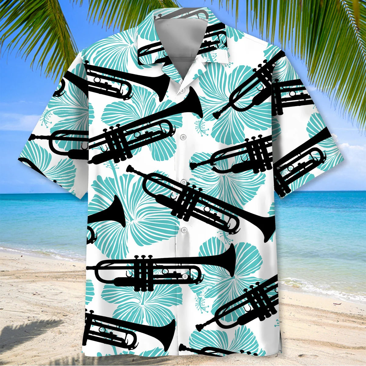 Trumpet Hibiscus Blue Hawaiian Shirt, custom shirt gift for men (view 2)