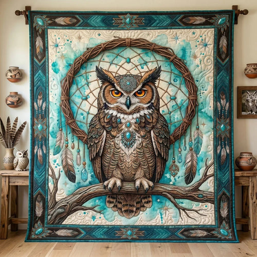 Turquoise Dreamcatcher Owl Quilt Blanket