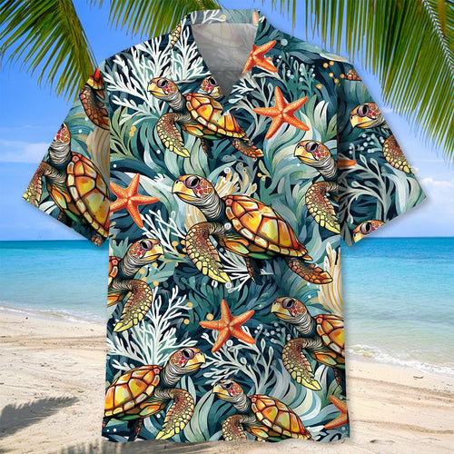 Turtle Coral Starfish Hawaiian Shirt, custom shirt gift for men