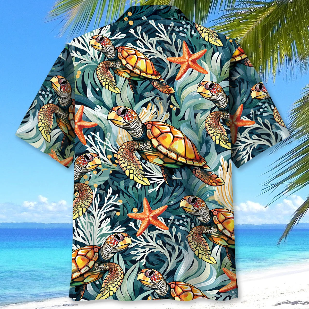 Turtle Coral Starfish Hawaiian Shirt, custom shirt gift for men (view 3)