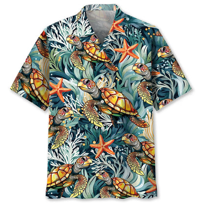 Turtle Coral Starfish Hawaiian Shirt, custom shirt gift for men (view 4)