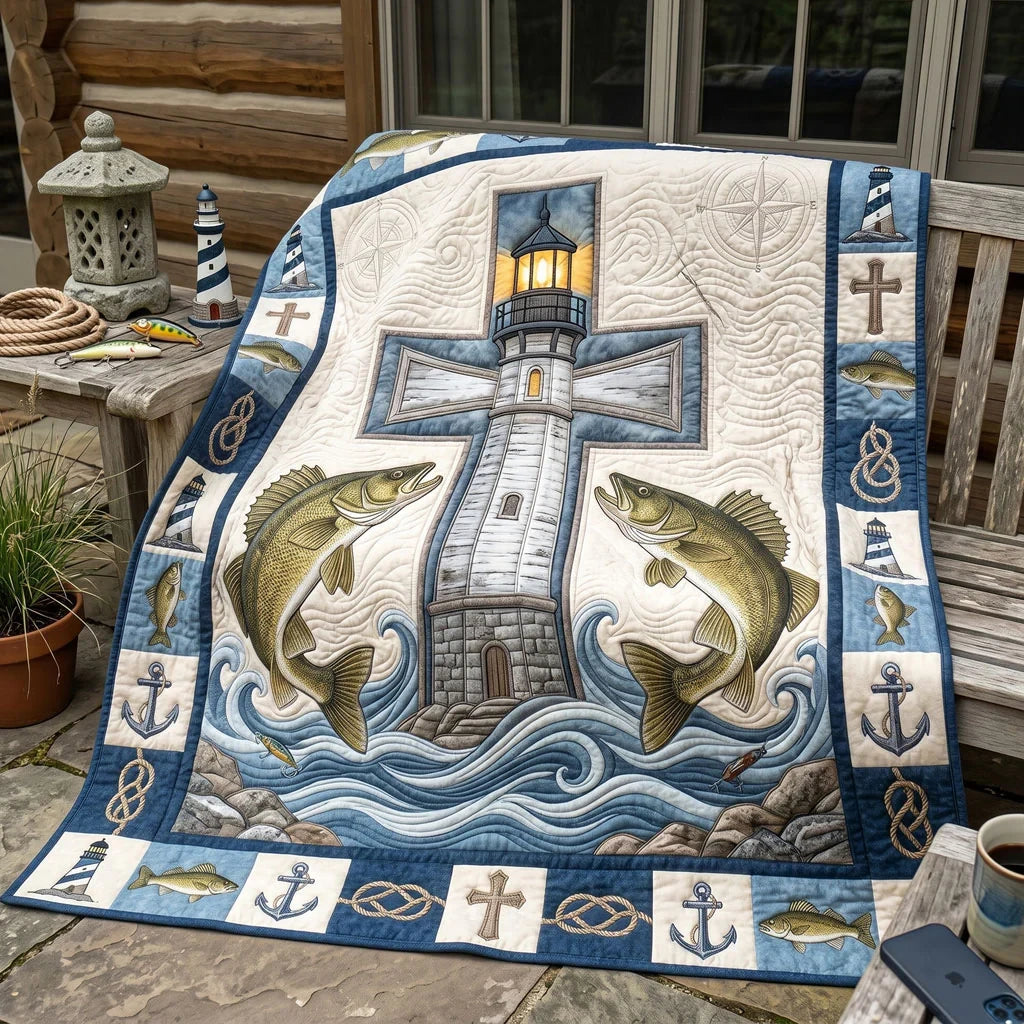 Twin Walleye Lighthouse Cross Quilt Blanket