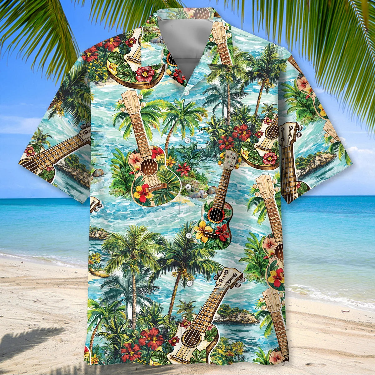 Ukulele Beach Hawaiian Shirt, custom shirt gift for men (view 2)