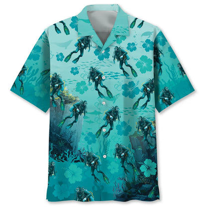 Underwater Scuba Diving Hibiscus Hawaiian Shirt, custom shirt gift for men