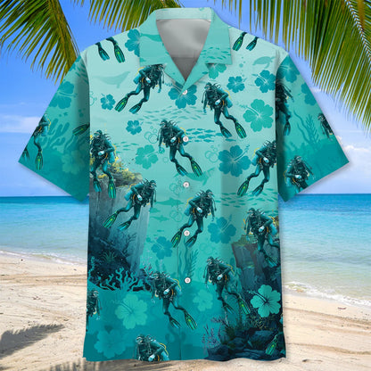 Underwater Scuba Diving Hibiscus Hawaiian Shirt, custom shirt gift for men (view 4)