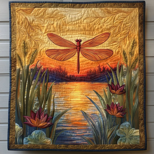 Vibrant Lotus Dragonfly Quilt Blanket
