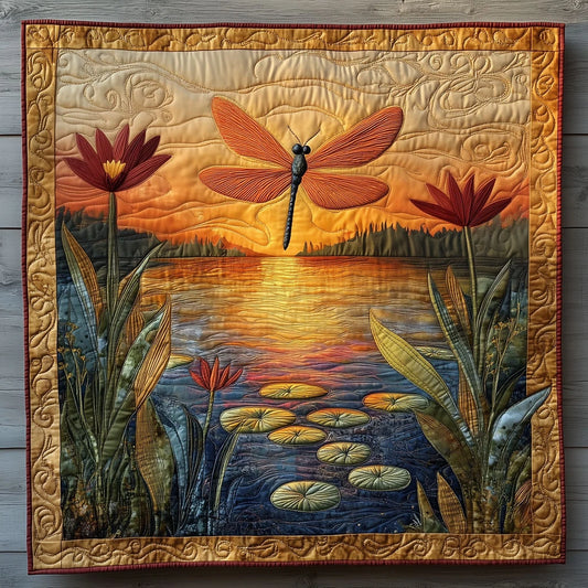 Vibrant Lotus Dragonfly Quilt Blanket