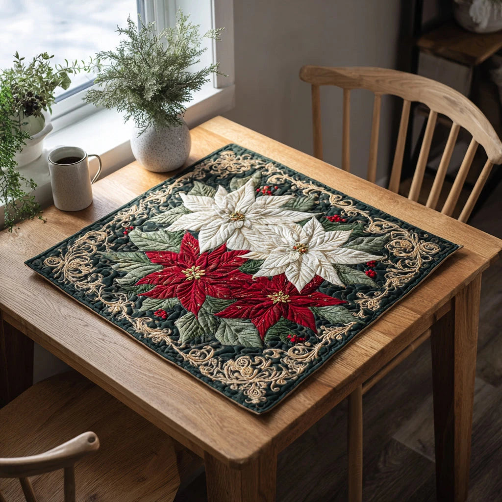 Vibrant Poinsettia Quilted Table Topper