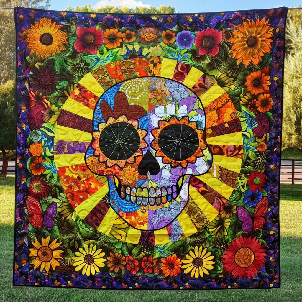 Vibrant Skull Bloom Quilt Blanket