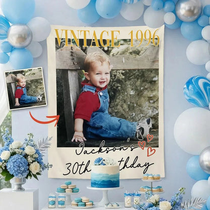 Custom Vintage Birthday Photo Banner | Personalized Retro Party Backdrop for 30th, 40th, 50th Birthday Celebration (view 3)