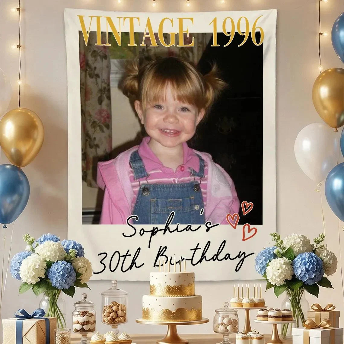 Custom Vintage Birthday Photo Banner | Personalized Retro Party Backdrop for 30th, 40th, 50th Birthday Celebration (view 4)