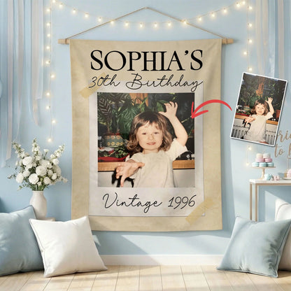 Vintage 1996 Birthday Tapestry Custom Photo 30th Birthday Banner Personalized Party Backdrop, personalized birthday backdrop