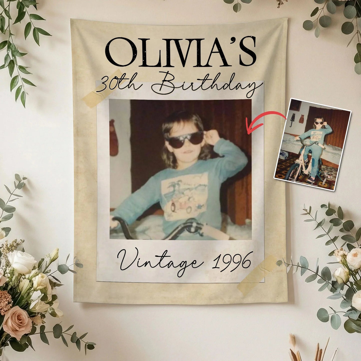 Vintage 1996 Birthday Tapestry Custom Photo 30th Birthday Banner Personalized Party Backdrop, personalized birthday backdrop