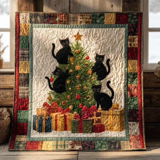 Vintage Black Cat Christmas Quilt Blanket