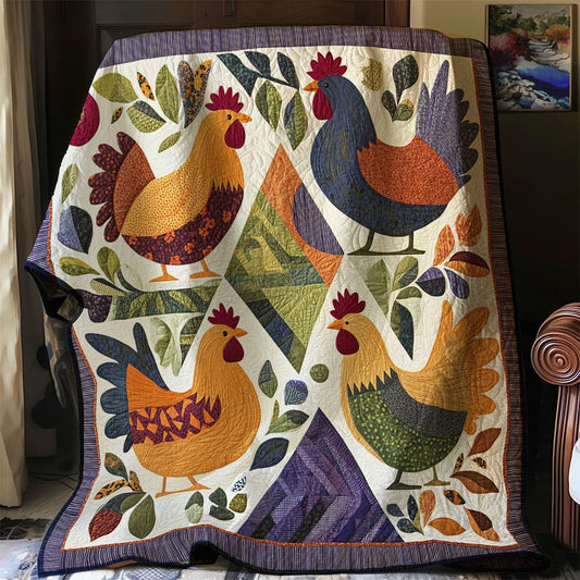 Vintage Folk Chicken Quilt Blanket