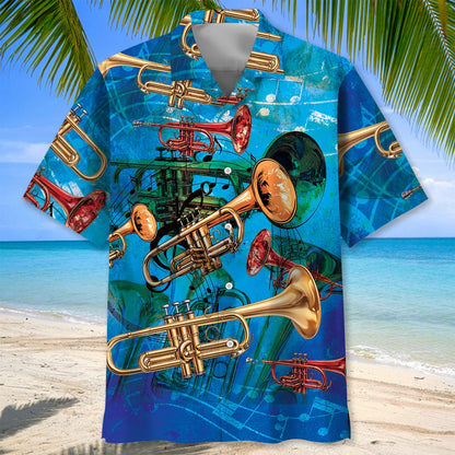 Vintage Art Trumpet Hawaiian Shirt, custom shirt gift for men (view 2)