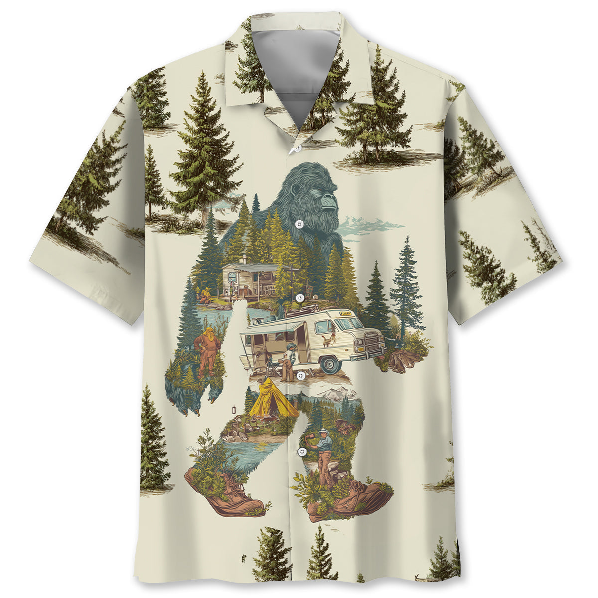 Vintage Bigfoot Camping Site Hawaiian Shirt - S - hawaiian shirt