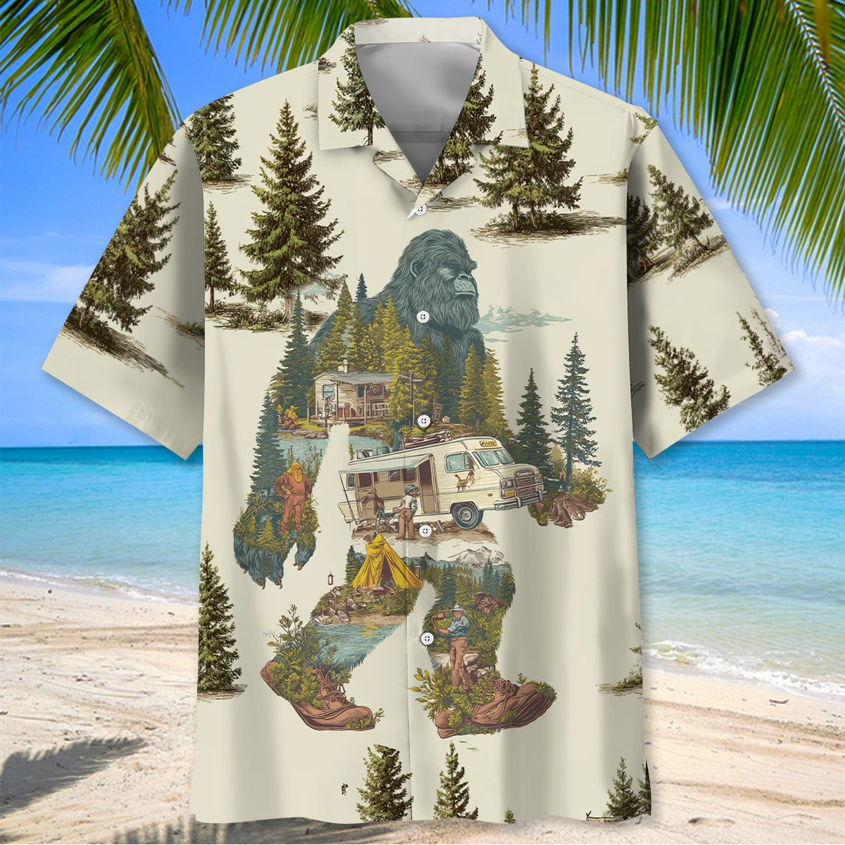 Vintage Bigfoot Camping Site Hawaiian Shirt - L - hawaiian shirt