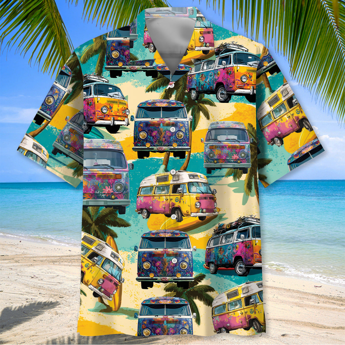 Vintage Camping Car on the Beach Hawaiian Shirt - L - hawaiian shirt