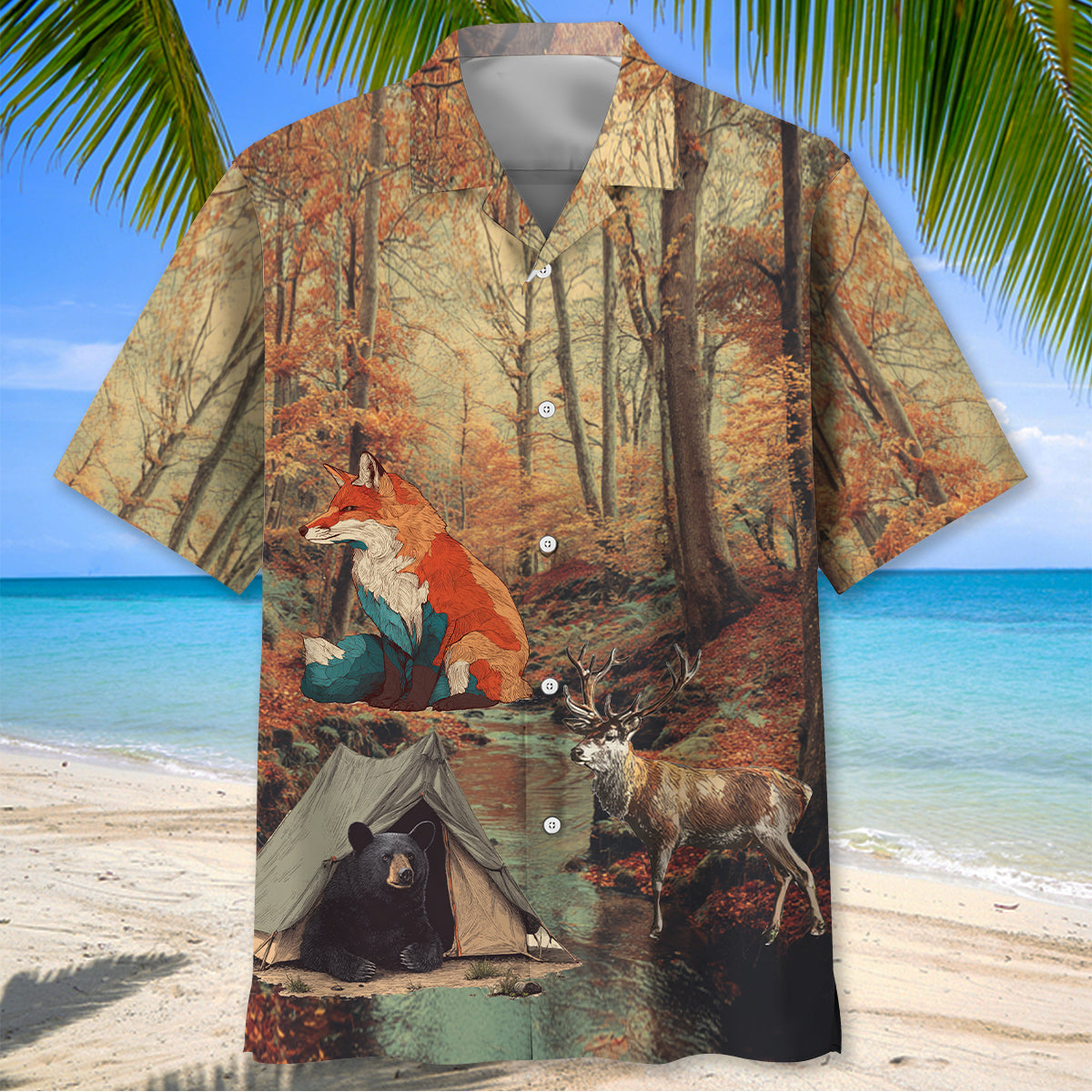 Vintage Camping Forest Autumn Hawaiian Shirt - L - hawaiian shirt